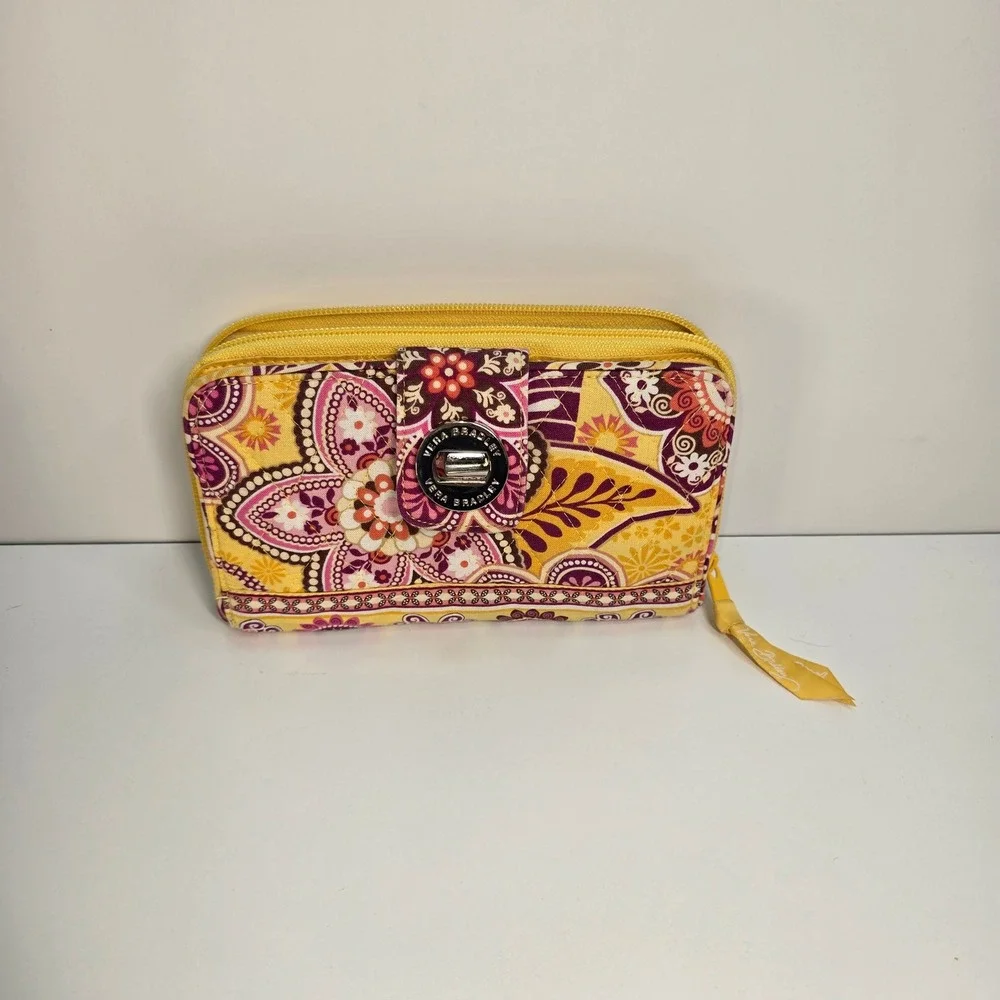 Vera Bradley Retired Yellow Purple Floral Accordion Zip Around Wallet Organizer‎